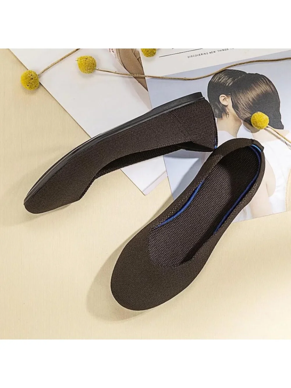 Womens Bronze Round Toe Knit Dress Low Wedge Slip On Ballerina Ballet Flat Shoes